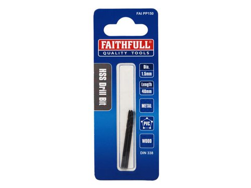 Faithfull Metric jobber drills that are ideal for DIY and professional use in hand and power drills. Robust design gives less breakage, easier hole start and improved penetration. For drilling steel, iron and most metals.Manufactured to meet DIN 338 standard.Size. 1.5mm.Pack of 3
