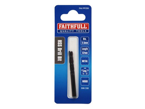 Faithfull Metric jobber drills that are ideal for DIY and professional use in hand and power drills. Robust design gives less breakage, easier hole start and improved penetration. For drilling steel, iron and most metals.Manufactured to meet DIN 338 standard.Size. 2.50 mm Dia.Pack of 2