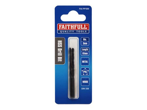 Faithfull Metric jobber drills that are ideal for DIY and professional use in hand and power drills. Robust design gives less breakage, easier hole start and improved penetration. For drilling steel, iron and most metals.Manufactured to meet DIN 338 standard.Size. 3.00 mm Dia.Pack of 2