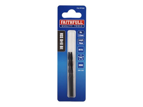 Faithfull Metric jobber drills that are ideal for DIY and professional use in hand and power drills. Robust design gives less breakage, easier hole start and improved penetration. For drilling steel, iron and most metals.Manufactured to meet DIN 338 standard.Size. 3.5 mm Dia.Pack of 2