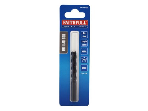 Faithfull Metric jobber drills that are ideal for DIY and professional use in hand and power drills. Robust design gives less breakage, easier hole start and improved penetration. For drilling steel, iron and most metals.Manufactured to meet DIN 338 standard.Size. 4.0 mm Dia.Pack of 2