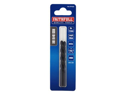 Faithfull Metric jobber drills that are ideal for DIY and professional use in hand and power drills. Robust design gives less breakage, easier hole start and improved penetration. For drilling steel, iron and most metals.Manufactured to meet DIN 338 standard.Size.4.5 mm Dia.Pack of 2