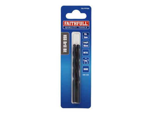 Faithfull Metric jobber drills that are ideal for DIY and professional use in hand and power drills. Robust design gives less breakage, easier hole start and improved penetration. For drilling steel, iron and most metals.Manufactured to meet DIN 338 standard.Size. 5.0 mm Dia.Pack of 2