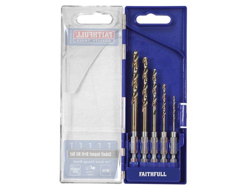 Faithfull Cobalt Quick-Change Impact Drill Bits feature a revolutionary tip design that is far superior to any other drill bit in the industry. These innovative drill bits have 7 cutting edges and 3 peaks that offer several distinct competitive advantages:- Super-accurate self-centring - you can make a hole in a round-pipe with one hand.- Speed - twice as fast as split point drill bits.- Tool lifetime - up to 10 times longer life in mild steel.Manufactured from M35 HSSE grade steel with a 5% cobalt content for increased heat resistance. The cutting performance is fantastic, both on precision and degree of finish, leaving much less defects (burr) than other drill bits. Its protruding centre tip acts like a pilot drill, enabling super-accurate positioning and stops the drill from wandering.These bits are impact rated and have a 1/4in quick-change shank for use in impact drivers. Produced in accordance to DIN 338 and DIN 3126-E6.3, for high precision tolerances and geometric accuracy.Ideal for heavy-duty industrial work in alloy steels, carbon steels, cast iron, hardened alloy steels, stainless steels, high-temperature alloys, titanium alloy, high strength steel and carbon fibre composite materials.The Faithfull 5 Piece HSSE M35 Cobalt Quick-Change Impact Drill Bit Set contains the following sizes: 2, 3, 4, 5 and 6mm.