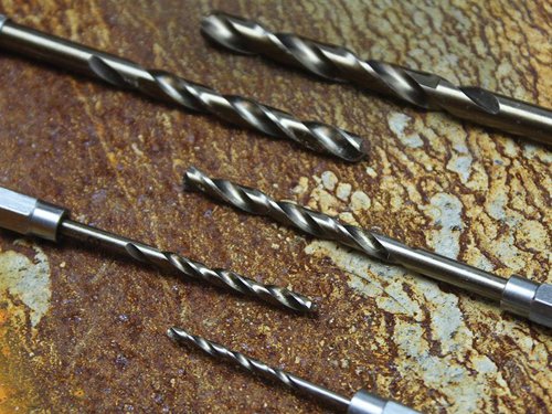 Faithfull Cobalt Quick-Change Impact Drill Bits feature a revolutionary tip design that is far superior to any other drill bit in the industry. These innovative drill bits have 7 cutting edges and 3 peaks that offer several distinct competitive advantages:- Super-accurate self-centring - you can make a hole in a round-pipe with one hand.- Speed - twice as fast as split point drill bits.- Tool lifetime - up to 10 times longer life in mild steel.Manufactured from M35 HSSE grade steel with a 5% cobalt content for increased heat resistance. The cutting performance is fantastic, both on precision and degree of finish, leaving much less defects (burr) than other drill bits. Its protruding centre tip acts like a pilot drill, enabling super-accurate positioning and stops the drill from wandering.These bits are impact rated and have a 1/4in quick-change shank for use in impact drivers. Produced in accordance to DIN 338 and DIN 3126-E6.3, for high precision tolerances and geometric accuracy.Ideal for heavy-duty industrial work in alloy steels, carbon steels, cast iron, hardened alloy steels, stainless steels, high-temperature alloys, titanium alloy, high strength steel and carbon fibre composite materials.The Faithfull 5 Piece HSSE M35 Cobalt Quick-Change Impact Drill Bit Set contains the following sizes: 2, 3, 4, 5 and 6mm.
