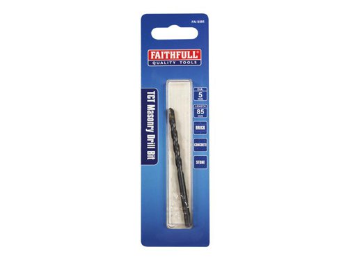 Faithfull Standard masonry bits are for use in chucks up to 13mm capacity and are suitable for general purpose drilling including bricks, blocks and cement render when used in an impact or percussion drill. A roll formed and treated body with a heavy-duty Tungsten Carbide tip and fast spiral for quick waste removal.Size. 5 mm x 85 mm.