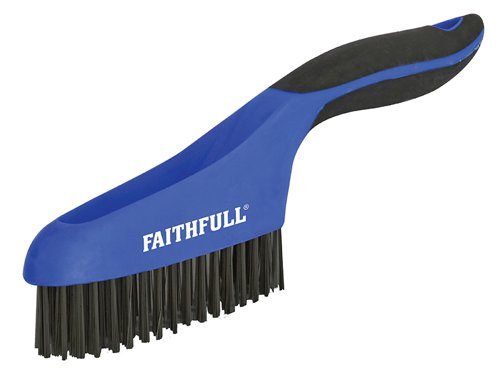 Faithfull range of quality scratch brushes, manufactured using a heavy-duty plastic handle with a soft grip coating. The ergonomically designed handles are comfortable to use and provide good clearance for the hand from the work surface. Each brush has a high density bristle content at both ends where the most force is focused when in use, for a better performance and longer working life.Brushes are available in 4 types, carbon steel, stainless steel, brass and plastic.Each brush has 4 x 16 rows of bristles.Steel, ideal for general use for removing rust, scale and old paint work.
