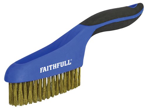 Faithfull range of quality scratch brushes, manufactured using a heavy-duty plastic handle with a soft grip coating. The ergonomically designed handles are comfortable to use and provide good clearance for the hand from the work surface. Each brush has a high density bristle content at both ends where the most force is focused when in use, for a better performance and longer working life.Brushes are available in 4 types, carbon steel, stainless steel, brass and plastic.Each brush has 4 x 16 rows of bristles.Ideal for use when a less aggressive scouring action is required. Brass bristles will not create sparks and are suitable for use in fire risk applications.
