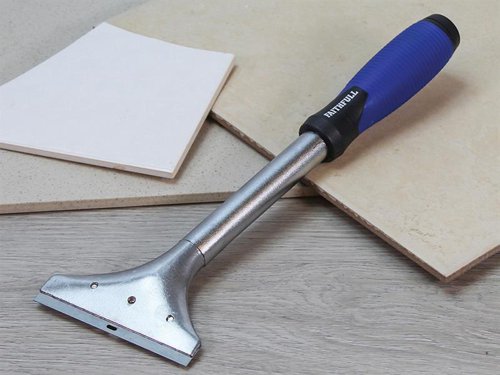 The Faithfull Heavy-Duty Long Handled Scraper has a high-carbon steel blade. Ideal for removing paper and vinyl wall coverings. The long-handle has a soft grip with internal storage for spare blades. Blade Width: 100mm (4in)Overall Length: 300mm (12in)Includes 5 replacement blades housed in the handle