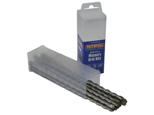 These high-performance Faithfull Tungsten Carbide Tipped Drill Bits fit into SDS Plus chucks which provide a particularly secure non-slip grip that transmits maximum power for rotary percussion drilling, mainly into concrete.The SDS Plus bits ensure maximum power transmission due to their unique fluted shaft. This effectively removes situations where a perfectly serviceable cutting edge is rendered useless by a worn shank. The SDS Plus system also enables faster changing of drills using a quick release keyless chuck.For use in bricks, blocks, concrete containing aggregates, marble and hard stone, and other hard masonry materials.The Faithfull FAISDS10210 SDS Drill has a heavy-duty tungsten carbide tip with the following dimensions:Diameter: 10mmWorking Length: 150mmOverall Length: 210mmBulk pack of 10 drill bits