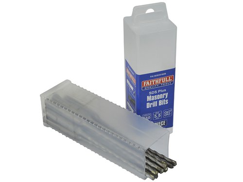 These high-performance Faithfull Tungsten Carbide Tipped Drill Bits fit into SDS Plus chucks which provide a particularly secure non-slip grip that transmits maximum power for rotary percussion drilling, mainly into concrete.The SDS Plus bits ensure maximum power transmission due to their unique fluted shaft. This effectively removes situations where a perfectly serviceable cutting edge is rendered useless by a worn shank. The SDS Plus system also enables faster changing of drills using a quick release keyless chuck.For use in bricks, blocks, concrete containing aggregates, marble and hard stone, and other hard masonry materials.The Faithfull FAISDS55160 SDS Drill has a heavy-duty tungsten carbide tip with the following dimensions:Diameter: 5.5mmWorking Length: 100mmOverall Length: 160mmBulk pack of 10 drill bits