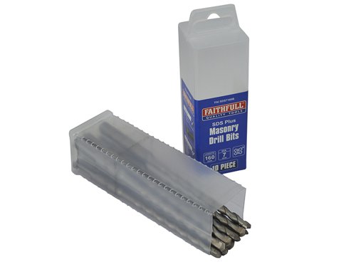 These high-performance Faithfull Tungsten Carbide Tipped Drill Bits fit into SDS Plus chucks which provide a particularly secure non-slip grip that transmits maximum power for rotary percussion drilling, mainly into concrete.The SDS Plus bits ensure maximum power transmission due to their unique fluted shaft. This effectively removes situations where a perfectly serviceable cutting edge is rendered useless by a worn shank. The SDS Plus system also enables faster changing of drills using a quick release keyless chuck.For use in bricks, blocks, concrete containing aggregates, marble and hard stone, and other hard masonry materials.The Faithfull FAISDS7160 SDS Drill has a heavy-duty tungsten carbide tip with the following dimensions:Diameter: 7mmWorking Length: 100mmOverall Length: 160mmBulk pack of 10 drill bits