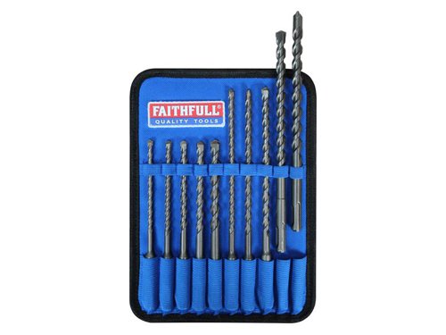 These high-performance Faithfull Tungsten Carbide Tipped Drill Bits fit into SDS Plus chucks which provide a particularly secure non-slip grip that transmits maximum power for rotary percussion drilling, mainly into concrete.The SDS Plus bits ensure maximum power transmission due to their unique fluted shaft. This effectively removes situations where a perfectly serviceable cutting edge is rendered useless by a worn shank. The SDS Plus system also enables faster changing of drills using a quick release keyless chuck.For use in bricks, blocks, concrete containing aggregates, marble and hard stone, and other hard masonry materials.10 Piece Faithfull SDS Plus Drill Bit Set supplied in a fabric storage wallet.Contains the following sizes: 5.5 x 160mm, 6 x 160mm, 6 x 210mm, 7 x 160mm, 7 x 210mm, 8 x 160mm, 8 x 210mm, 10 x 160mm, 10 x 210mm and 12 x 210mm.
