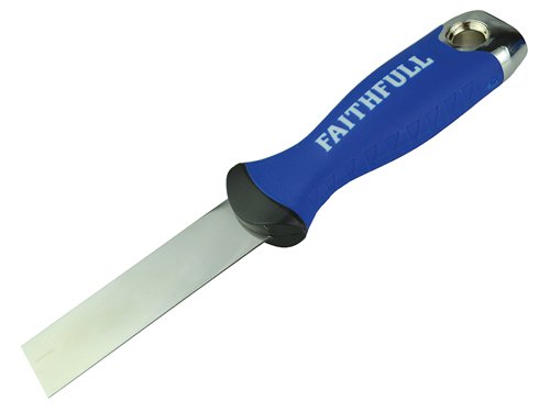 Faithfull Soft Grip Filling Knife with a corrosion resistant, stainless steel blade for long-life. This extremely flexible blade produces a smooth finish on all fillers prior to sanding.The soft grip handle provides greater comfort. Fitted with a metal end cap that can be used to knock back protruding nails. Ideal for inserting filler into cracks or holes, in wood or plaster. Blade Width: 25mm