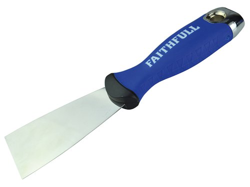 Faithfull Soft Grip Filling Knife with a corrosion resistant, stainless steel blade for long-life. This extremely flexible blade produces a smooth finish on all fillers prior to sanding.The soft grip handle provides greater comfort. Fitted with a metal end cap that can be used to knock back protruding nails. Ideal for inserting filler into cracks or holes, in wood or plaster. Blade Width: 50mm