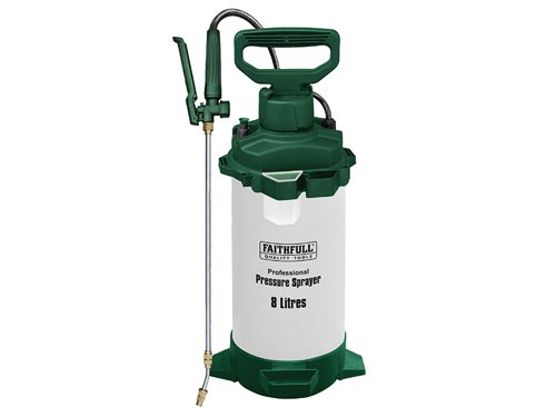The Faithfull Professional Sprayer is supplied fitted with Viton® seals making them suitable for use with water-based and most solvent based chemical products. It features a fast pumping action and large capacity, ideal for use in large gardens, vegetable plots or in the greenhouse and helps make light work of all types of spraying applications.Manufactured from shatterproof and frost resistant materials, the sprayer is fitted with a pressure release safety valve and a trigger lock for continuous use when required. The flexible hose is equipped with an extendable stainless steel lance with an adjustable spray nozzle that permits easy access to difficult to reach areas. The sprayer has a sturdy stable base and is supplied complete with a handy measuring cup for accurate mixing.Specification:Working Capacity: 8 litreWorking Pressure: 2.5 barArea Coverage: 40m²-100m²Hose Length: 1.2m