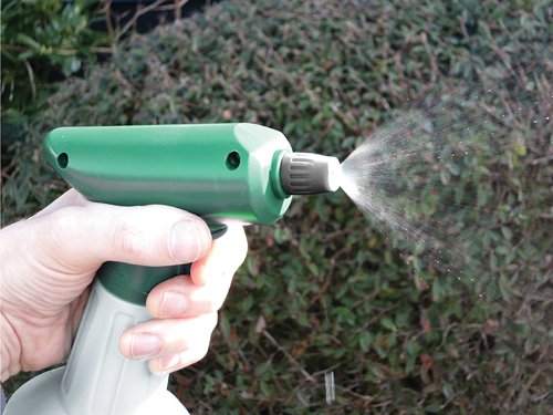 The Faithfull Handheld Battery Powered Sprayer is perfect for use around the home or in the greenhouse and can be used to spray most water-based cleaning or gardening chemicals. The ergonomic easy grip handle is fitted with a press and hold trigger that only requires light pressure to activate the pump, making this sprayer especially useful for people with a poor grip or those unable to continuously pump a trigger action sprayer.The nozzle may be adjusted to provide a fine jet or a wide fan that is ideal for spray misting plants. A graduated bottle permits accurate measurement for easy mixing. The sprayer requires 2 AA batteries (not supplied) that provide approximately 90 minutes of spraying time.