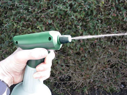 The Faithfull Handheld Battery Powered Sprayer is perfect for use around the home or in the greenhouse and can be used to spray most water-based cleaning or gardening chemicals. The ergonomic easy grip handle is fitted with a press and hold trigger that only requires light pressure to activate the pump, making this sprayer especially useful for people with a poor grip or those unable to continuously pump a trigger action sprayer.The nozzle may be adjusted to provide a fine jet or a wide fan that is ideal for spray misting plants. A graduated bottle permits accurate measurement for easy mixing. The sprayer requires 2 AA batteries (not supplied) that provide approximately 90 minutes of spraying time.