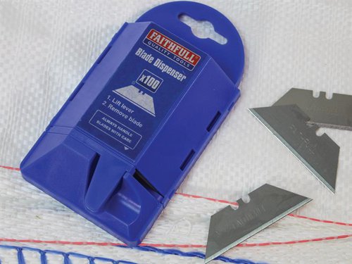 FAITKB100 Faithfull Heavy-Duty Trimming Knife Blades (Box 100) in safe storage dispenser