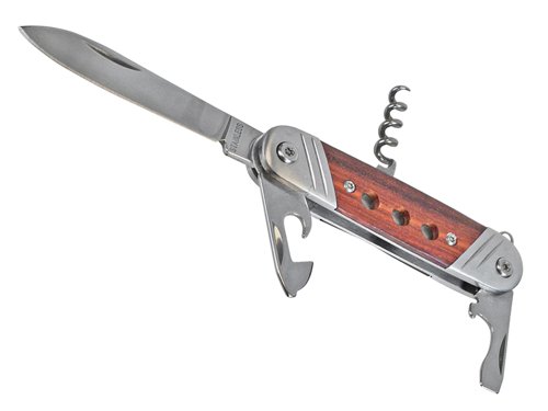 The Faithfull 4-in-1 Multi Blade Knife features a high-quality, 57mm stainless steel main blade. Additionally it features a can/bottle opener, 6mm flat driver, wire stripper and a corkscrew. Fitted with an ergonomic hardwood handle and a hanging loop.