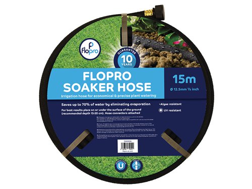 The Flopro Soaker Hose is an irrigation hose for economical and precise plant watering. It saves up to 70% of water by eliminating evaporation. For best results, the hose should be placed under the surface of the ground. Hose connectors are attached.Comes with a 10-Year guarantee.Recommended depth: 15-20cm.Length: 15m.Diameter: 12.5mm (1/2in).