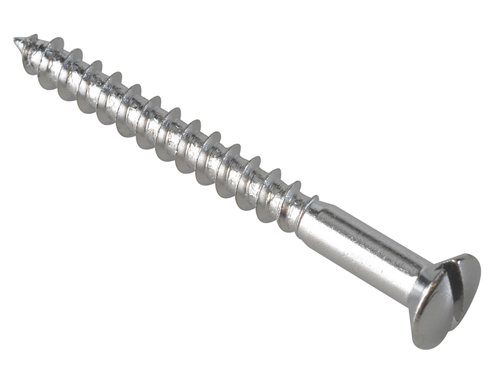 These Forgefix Multipurpose Slotted Screws with raised heads have a chrome plated finish for increased durability.These screws have single threads, designed to offer higher pull-out values and quicker insertion.The screws are immensely popular and versatile, and used in all trades including joinery, electrical and plumbing. Also widely used in DIY applications. Suitable for use with many materials including PVCu, Timber, Chipboard, MDF and other similar types.Specifications:Size: 4.0 x 40mmPack: ForgePack of 20