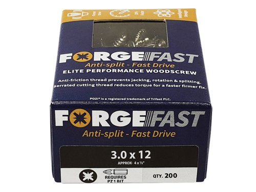 These ForgeFix ForgeFast Wood Screws have a universally accepted, Pozi compatible drive. They have 6 underhead lobes for improved countersinking and reduced surface dust, and reinforced countersunk necks which improve holding power.The screws have an anti-friction thread for reduced splitting of the timber, reduced 'jacking' and spinning of joined timber and improved drawing strength. The thread is serrated for improved pull-out and reduced torque when inserting the screw. The double cutting point allows faster drilling time and reduced clogging of wood dust and is capable of piercing 0.8mm steel.The screws have a 'Elementech 400' coating providing an anti-corrosive metal finish, which lasts up to 6 times longer than standard zinc coatings. The coating is environmentally friendly and does not contain Cr6+. It is Salt Spray tested to 400 hours.The screws are suitable for interior use.Size: 3.0 x 12mm.Box quantity: 200.
