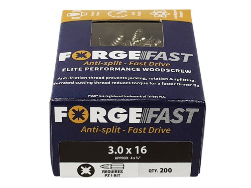 These ForgeFix ForgeFast Wood Screws have a universally accepted, Pozi compatible drive. They have 6 underhead lobes for improved countersinking and reduced surface dust, and reinforced countersunk necks which improve holding power.The screws have an anti-friction thread for reduced splitting of the timber, reduced 'jacking' and spinning of joined timber and improved drawing strength. The thread is serrated for improved pull-out and reduced torque when inserting the screw. The double cutting point allows faster drilling time and reduced clogging of wood dust and is capable of piercing 0.8mm steel.The screws have a 'Elementech 400' coating providing an anti-corrosive metal finish, which lasts up to 6 times longer than standard zinc coatings. The coating is environmentally friendly and does not contain Cr6+. It is Salt Spray tested to 400 hours.The screws are suitable for interior use.Size: 3.0 x 16mm.Box quantity: 200.