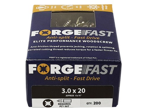 These ForgeFix ForgeFast Wood Screws have a universally accepted, Pozi compatible drive. They have 6 underhead lobes for improved countersinking and reduced surface dust, and reinforced countersunk necks which improve holding power.The screws have an anti-friction thread for reduced splitting of the timber, reduced 'jacking' and spinning of joined timber and improved drawing strength. The thread is serrated for improved pull-out and reduced torque when inserting the screw. The double cutting point allows faster drilling time and reduced clogging of wood dust and is capable of piercing 0.8mm steel.The screws have a 'Elementech 400' coating providing an anti-corrosive metal finish, which lasts up to 6 times longer than standard zinc coatings. The coating is environmentally friendly and does not contain Cr6+. It is Salt Spray tested to 400 hours.The screws are suitable for interior use.Size: 3.0 x 20mm.Box quantity: 200.