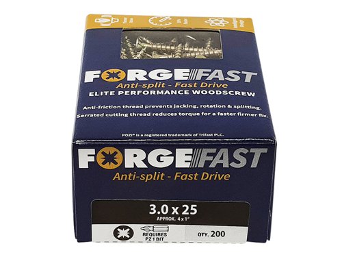 These ForgeFix ForgeFast Wood Screws have a universally accepted, Pozi compatible drive. They have 6 underhead lobes for improved countersinking and reduced surface dust, and reinforced countersunk necks which improve holding power.The screws have an anti-friction thread for reduced splitting of the timber, reduced 'jacking' and spinning of joined timber and improved drawing strength. The thread is serrated for improved pull-out and reduced torque when inserting the screw. The double cutting point allows faster drilling time and reduced clogging of wood dust and is capable of piercing 0.8mm steel.The screws have a 'Elementech 400' coating providing an anti-corrosive metal finish, which lasts up to 6 times longer than standard zinc coatings. The coating is environmentally friendly and does not contain Cr6+. It is Salt Spray tested to 400 hours.The screws are suitable for interior use.Size: 3.0 x 25mm.Box quantity: 200.