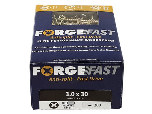 These ForgeFix ForgeFast Wood Screws have a universally accepted, Pozi compatible drive. They have 6 underhead lobes for improved countersinking and reduced surface dust, and reinforced countersunk necks which improve holding power.The screws have an anti-friction thread for reduced splitting of the timber, reduced 'jacking' and spinning of joined timber and improved drawing strength. The thread is serrated for improved pull-out and reduced torque when inserting the screw. The double cutting point allows faster drilling time and reduced clogging of wood dust and is capable of piercing 0.8mm steel.The screws have a 'Elementech 400' coating providing an anti-corrosive metal finish, which lasts up to 6 times longer than standard zinc coatings. The coating is environmentally friendly and does not contain Cr6+. It is Salt Spray tested to 400 hours.The screws are suitable for interior use.Size: 3.0 x 30mm.Box quantity: 200.