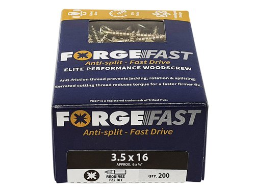 These ForgeFix ForgeFast Wood Screws have a universally accepted, Pozi compatible drive. They have 6 underhead lobes for improved countersinking and reduced surface dust, and reinforced countersunk necks which improve holding power.The screws have an anti-friction thread for reduced splitting of the timber, reduced 'jacking' and spinning of joined timber and improved drawing strength. The thread is serrated for improved pull-out and reduced torque when inserting the screw. The double cutting point allows faster drilling time and reduced clogging of wood dust and is capable of piercing 0.8mm steel.The screws have a 'Elementech 400' coating providing an anti-corrosive metal finish, which lasts up to 6 times longer than standard zinc coatings. The coating is environmentally friendly and does not contain Cr6+. It is Salt Spray tested to 400 hours.The screws are suitable for interior use.Size: 3.5 x 16mm.Box quantity: 200.