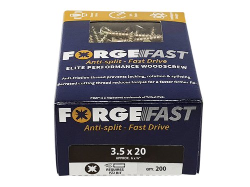 These ForgeFix ForgeFast Wood Screws have a universally accepted, Pozi compatible drive. They have 6 underhead lobes for improved countersinking and reduced surface dust, and reinforced countersunk necks which improve holding power.The screws have an anti-friction thread for reduced splitting of the timber, reduced 'jacking' and spinning of joined timber and improved drawing strength. The thread is serrated for improved pull-out and reduced torque when inserting the screw. The double cutting point allows faster drilling time and reduced clogging of wood dust and is capable of piercing 0.8mm steel.The screws have a 'Elementech 400' coating providing an anti-corrosive metal finish, which lasts up to 6 times longer than standard zinc coatings. The coating is environmentally friendly and does not contain Cr6+. It is Salt Spray tested to 400 hours.The screws are suitable for interior use.Size: 3.5 x 20mm.Box quantity: 200.