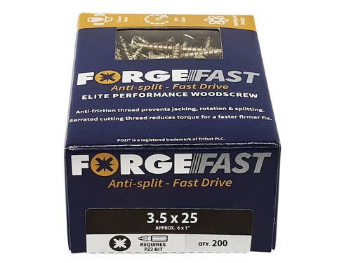 These ForgeFix ForgeFast Wood Screws have a universally accepted, Pozi compatible drive. They have 6 underhead lobes for improved countersinking and reduced surface dust, and reinforced countersunk necks which improve holding power.The screws have an anti-friction thread for reduced splitting of the timber, reduced 'jacking' and spinning of joined timber and improved drawing strength. The thread is serrated for improved pull-out and reduced torque when inserting the screw. The double cutting point allows faster drilling time and reduced clogging of wood dust and is capable of piercing 0.8mm steel.The screws have a 'Elementech 400' coating providing an anti-corrosive metal finish, which lasts up to 6 times longer than standard zinc coatings. The coating is environmentally friendly and does not contain Cr6+. It is Salt Spray tested to 400 hours.The screws are suitable for interior use.Size: 3.5 x 25mm.Box quantity: 200.