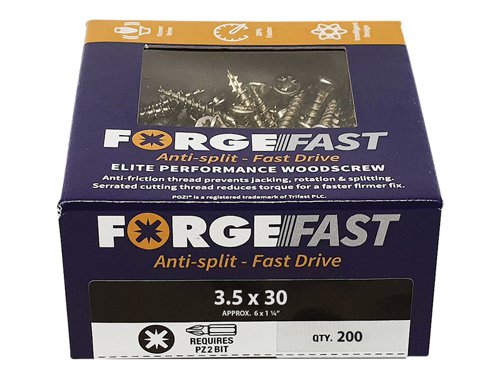 These ForgeFix ForgeFast Wood Screws have a universally accepted, Pozi compatible drive. They have 6 underhead lobes for improved countersinking and reduced surface dust, and reinforced countersunk necks which improve holding power.The screws have an anti-friction thread for reduced splitting of the timber, reduced 'jacking' and spinning of joined timber and improved drawing strength. The thread is serrated for improved pull-out and reduced torque when inserting the screw. The double cutting point allows faster drilling time and reduced clogging of wood dust and is capable of piercing 0.8mm steel.The screws have a 'Elementech 400' coating providing an anti-corrosive metal finish, which lasts up to 6 times longer than standard zinc coatings. The coating is environmentally friendly and does not contain Cr6+. It is Salt Spray tested to 400 hours.The screws are suitable for interior use.Size: 3.5 x 30mm.Box quantity: 200.