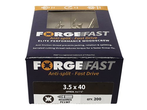 These ForgeFix ForgeFast Wood Screws have a universally accepted, Pozi compatible drive. They have 6 underhead lobes for improved countersinking and reduced surface dust, and reinforced countersunk necks which improve holding power.The screws have an anti-friction thread for reduced splitting of the timber, reduced 'jacking' and spinning of joined timber and improved drawing strength. The thread is serrated for improved pull-out and reduced torque when inserting the screw. The double cutting point allows faster drilling time and reduced clogging of wood dust and is capable of piercing 0.8mm steel.The screws have a 'Elementech 400' coating providing an anti-corrosive metal finish, which lasts up to 6 times longer than standard zinc coatings. The coating is environmentally friendly and does not contain Cr6+. It is Salt Spray tested to 400 hours.The screws are suitable for interior use.Size: 3.5 x 40mm.Box quantity: 200.