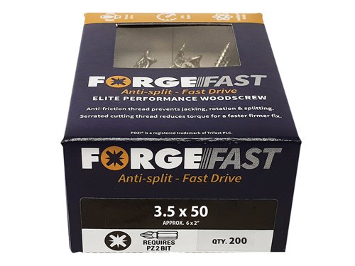 These ForgeFix ForgeFast Wood Screws have a universally accepted, Pozi compatible drive. They have 6 underhead lobes for improved countersinking and reduced surface dust, and reinforced countersunk necks which improve holding power.The screws have an anti-friction thread for reduced splitting of the timber, reduced 'jacking' and spinning of joined timber and improved drawing strength. The thread is serrated for improved pull-out and reduced torque when inserting the screw. The double cutting point allows faster drilling time and reduced clogging of wood dust and is capable of piercing 0.8mm steel.The screws have a 'Elementech 400' coating providing an anti-corrosive metal finish, which lasts up to 6 times longer than standard zinc coatings. The coating is environmentally friendly and does not contain Cr6+. It is Salt Spray tested to 400 hours.The screws are suitable for interior use.Size: 3.5 x 50mm.Box quantity: 200.