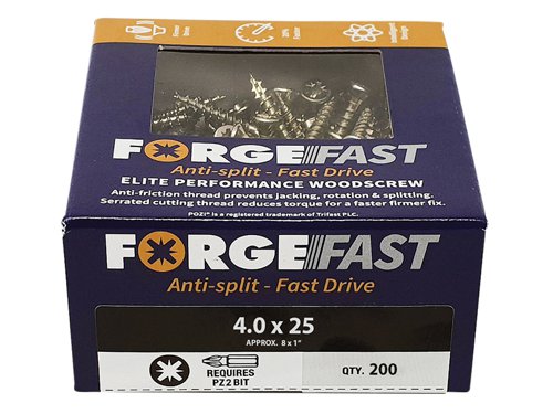 These ForgeFix ForgeFast Wood Screws have a universally accepted, Pozi compatible drive. They have 6 underhead lobes for improved countersinking and reduced surface dust, and reinforced countersunk necks which improve holding power.The screws have an anti-friction thread for reduced splitting of the timber, reduced 'jacking' and spinning of joined timber and improved drawing strength. The thread is serrated for improved pull-out and reduced torque when inserting the screw. The double cutting point allows faster drilling time and reduced clogging of wood dust and is capable of piercing 0.8mm steel.The screws have a 'Elementech 400' coating providing an anti-corrosive metal finish, which lasts up to 6 times longer than standard zinc coatings. The coating is environmentally friendly and does not contain Cr6+. It is Salt Spray tested to 400 hours.The screws are suitable for interior use.Size: 4.0 x 25mm.Box quantity: 200.