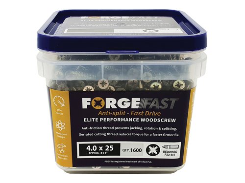 These ForgeFix ForgeFast Wood Screws have a universally accepted, Pozi compatible drive. They have 6 underhead lobes for improved countersinking and reduced surface dust, and reinforced countersunk necks which improve holding power.The screws have an anti-friction thread for reduced splitting of the timber, reduced 'jacking' and spinning of joined timber and improved drawing strength. The thread is serrated for improved pull-out and reduced torque when inserting the screw. The double cutting point allows faster drilling time and reduced clogging of wood dust and is capable of piercing 0.8mm steel.The screws have an 'Elementech 400' coating providing an anti-corrosive metal finish, which lasts up to 6 times longer than standard zinc coatings. The coating is environmentally friendly and does not contain Cr6+. It is salt spray tested to 400 hours.The screws are suitable for interior and exterior use.Size: 4.0 x 25mm.Pack quantity: 1600.