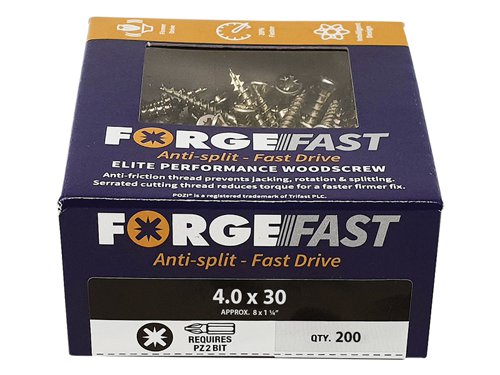 These ForgeFix ForgeFast Wood Screws have a universally accepted, Pozi compatible drive. They have 6 underhead lobes for improved countersinking and reduced surface dust, and reinforced countersunk necks which improve holding power.The screws have an anti-friction thread for reduced splitting of the timber, reduced 'jacking' and spinning of joined timber and improved drawing strength. The thread is serrated for improved pull-out and reduced torque when inserting the screw. The double cutting point allows faster drilling time and reduced clogging of wood dust and is capable of piercing 0.8mm steel.The screws have a 'Elementech 400' coating providing an anti-corrosive metal finish, which lasts up to 6 times longer than standard zinc coatings. The coating is environmentally friendly and does not contain Cr6+. It is Salt Spray tested to 400 hours.The screws are suitable for interior use.Size: 4.0 x 30mm.Box quantity: 200.