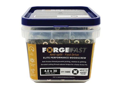 ForgeFix ForgeFast Pozi Compatible Elite Performance Wood Screw ZY 4.0 x 30mm Tub 1400