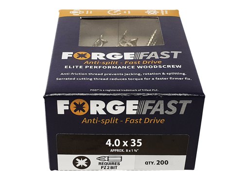 These ForgeFix ForgeFast Wood Screws have a universally accepted, Pozi compatible drive. They have 6 underhead lobes for improved countersinking and reduced surface dust, and reinforced countersunk necks which improve holding power.The screws have an anti-friction thread for reduced splitting of the timber, reduced 'jacking' and spinning of joined timber and improved drawing strength. The thread is serrated for improved pull-out and reduced torque when inserting the screw. The double cutting point allows faster drilling time and reduced clogging of wood dust and is capable of piercing 0.8mm steel.The screws have a 'Elementech 400' coating providing an anti-corrosive metal finish, which lasts up to 6 times longer than standard zinc coatings. The coating is environmentally friendly and does not contain Cr6+. It is Salt Spray tested to 400 hours.The screws are suitable for interior use.Size: 4.0 x 35mm.Box quantity: 200.