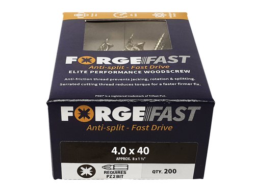 These ForgeFix ForgeFast Wood Screws have a universally accepted, Pozi compatible drive. They have 6 underhead lobes for improved countersinking and reduced surface dust, and reinforced countersunk necks which improve holding power.The screws have an anti-friction thread for reduced splitting of the timber, reduced 'jacking' and spinning of joined timber and improved drawing strength. The thread is serrated for improved pull-out and reduced torque when inserting the screw. The double cutting point allows faster drilling time and reduced clogging of wood dust and is capable of piercing 0.8mm steel.The screws have a 'Elementech 400' coating providing an anti-corrosive metal finish, which lasts up to 6 times longer than standard zinc coatings. The coating is environmentally friendly and does not contain Cr6+. It is Salt Spray tested to 400 hours.The screws are suitable for interior use.Size: 4.0 x 40mm.Box quantity: 200.
