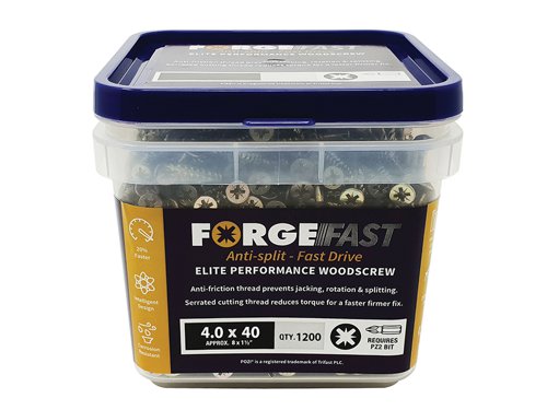 ForgeFix ForgeFast Pozi Compatible Elite Performance Wood Screw ZY 4.0 x 40mm Tub 1200