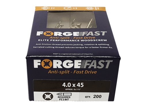These ForgeFix ForgeFast Wood Screws have a universally accepted, Pozi compatible drive. They have 6 underhead lobes for improved countersinking and reduced surface dust, and reinforced countersunk necks which improve holding power.The screws have an anti-friction thread for reduced splitting of the timber, reduced 'jacking' and spinning of joined timber and improved drawing strength. The thread is serrated for improved pull-out and reduced torque when inserting the screw. The double cutting point allows faster drilling time and reduced clogging of wood dust and is capable of piercing 0.8mm steel.The screws have a 'Elementech 400' coating providing an anti-corrosive metal finish, which lasts up to 6 times longer than standard zinc coatings. The coating is environmentally friendly and does not contain Cr6+. It is Salt Spray tested to 400 hours.The screws are suitable for interior use.Size: 4.0 x 45mm.Box quantity: 200.
