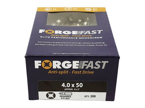 These ForgeFix ForgeFast Wood Screws have a universally accepted, Pozi compatible drive. They have 6 underhead lobes for improved countersinking and reduced surface dust, and reinforced countersunk necks which improve holding power.The screws have an anti-friction thread for reduced splitting of the timber, reduced 'jacking' and spinning of joined timber and improved drawing strength. The thread is serrated for improved pull-out and reduced torque when inserting the screw. The double cutting point allows faster drilling time and reduced clogging of wood dust and is capable of piercing 0.8mm steel.The screws have a 'Elementech 400' coating providing an anti-corrosive metal finish, which lasts up to 6 times longer than standard zinc coatings. The coating is environmentally friendly and does not contain Cr6+. It is Salt Spray tested to 400 hours.The screws are suitable for interior use.Size: 4.0 x 50mm.Box quantity: 200.
