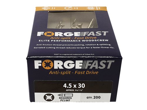 These ForgeFix ForgeFast Wood Screws have a universally accepted, Pozi compatible drive. They have 6 underhead lobes for improved countersinking and reduced surface dust, and reinforced countersunk necks which improve holding power.The screws have an anti-friction thread for reduced splitting of the timber, reduced 'jacking' and spinning of joined timber and improved drawing strength. The thread is serrated for improved pull-out and reduced torque when inserting the screw. The double cutting point allows faster drilling time and reduced clogging of wood dust and is capable of piercing 0.8mm steel.The screws have a 'Elementech 400' coating providing an anti-corrosive metal finish, which lasts up to 6 times longer than standard zinc coatings. The coating is environmentally friendly and does not contain Cr6+. It is Salt Spray tested to 400 hours.The screws are suitable for interior use.Size: 4.5 x 30mm.Box quantity: 200.