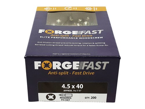 These ForgeFix ForgeFast Wood Screws have a universally accepted, Pozi compatible drive. They have 6 underhead lobes for improved countersinking and reduced surface dust, and reinforced countersunk necks which improve holding power.The screws have an anti-friction thread for reduced splitting of the timber, reduced 'jacking' and spinning of joined timber and improved drawing strength. The thread is serrated for improved pull-out and reduced torque when inserting the screw. The double cutting point allows faster drilling time and reduced clogging of wood dust and is capable of piercing 0.8mm steel.The screws have a 'Elementech 400' coating providing an anti-corrosive metal finish, which lasts up to 6 times longer than standard zinc coatings. The coating is environmentally friendly and does not contain Cr6+. It is Salt Spray tested to 400 hours.The screws are suitable for interior use.Size: 4.5 x 40mm.Box quantity: 200.