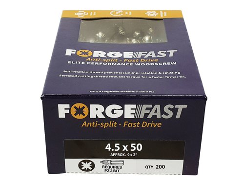 These ForgeFix ForgeFast Wood Screws have a universally accepted, Pozi compatible drive. They have 6 underhead lobes for improved countersinking and reduced surface dust, and reinforced countersunk necks which improve holding power.The screws have an anti-friction thread for reduced splitting of the timber, reduced 'jacking' and spinning of joined timber and improved drawing strength. The thread is serrated for improved pull-out and reduced torque when inserting the screw. The double cutting point allows faster drilling time and reduced clogging of wood dust and is capable of piercing 0.8mm steel.The screws have a 'Elementech 400' coating providing an anti-corrosive metal finish, which lasts up to 6 times longer than standard zinc coatings. The coating is environmentally friendly and does not contain Cr6+. It is Salt Spray tested to 400 hours.The screws are suitable for interior use.Size: 4.5 x 50mm.Box quantity: 200.