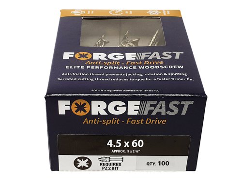 These ForgeFix ForgeFast Wood Screws have a universally accepted, Pozi compatible drive. They have 6 underhead lobes for improved countersinking and reduced surface dust, and reinforced countersunk necks which improve holding power.The screws have an anti-friction thread for reduced splitting of the timber, reduced 'jacking' and spinning of joined timber and improved drawing strength. The thread is serrated for improved pull-out and reduced torque when inserting the screw. The double cutting point allows faster drilling time and reduced clogging of wood dust and is capable of piercing 0.8mm steel.The screws have a 'Elementech 400' coating providing an anti-corrosive metal finish, which lasts up to 6 times longer than standard zinc coatings. The coating is environmentally friendly and does not contain Cr6+. It is Salt Spray tested to 400 hours.The screws are suitable for interior use.Size: 4.5 x 60 mm.Box quantity: 100.